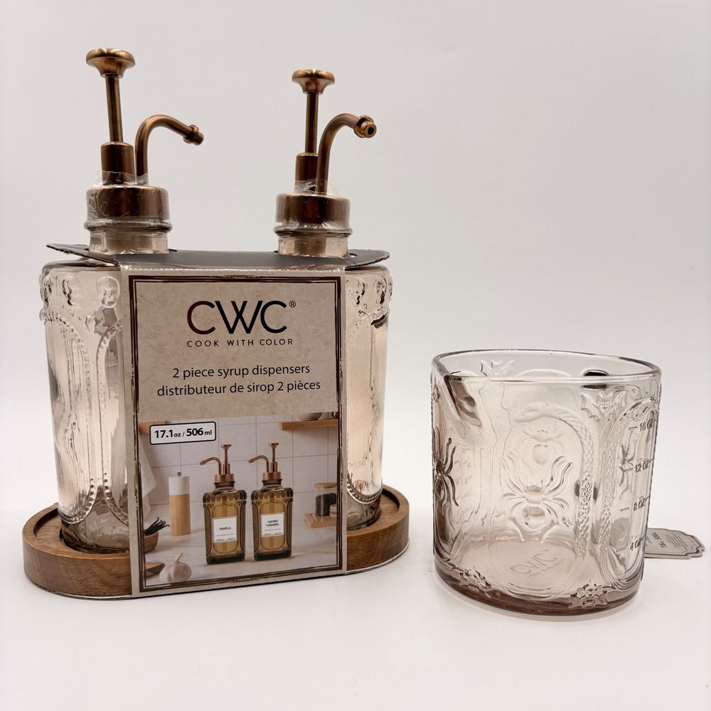 CWC Cook With Color Gothic Syrup Dispenser Set & Glass Measuring Cup Smoky Amber